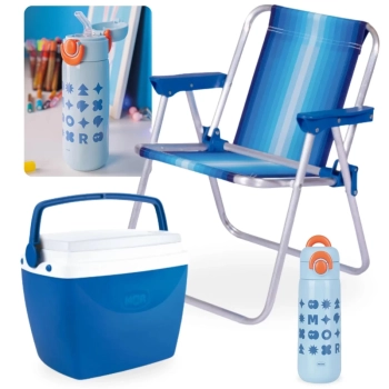 Kit Garrafa Trmica 480ml em Inox Azul Kids + Cadeira de Praia Infantil Mor + Cooler 6 Lts Pequeno Azul