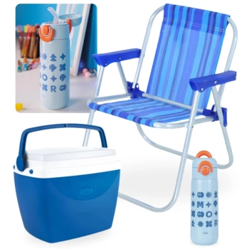 Kit Garrafa Trmica 480ml em Inox Azul + Cadeira de Praia Infantil Bel + Cooler 6 Lts Azul Pequeno