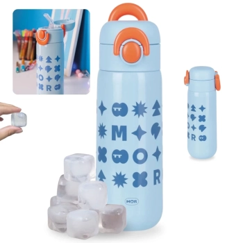 Kit Garrafa Trmica 480ml em Inox Ala e Canudo Silicone Kids Azul + 10 Cubos Gelo Reutilizvel Artificial