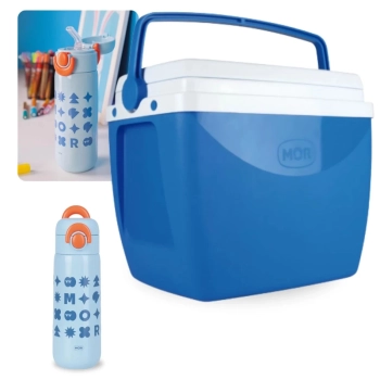 Kit Garrafa Trmica 480ml Azul Inox Ala e Canudo + Caixa Trmica 18 Litros Azul