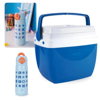 Kit Garrafa Trmica 480ml Azul Inox Ala e Canudo + Caixa Trmica 12 Litros Azul