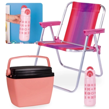 Kit Garrafa Trmica 480ml em Inox Rosa Kids + Cadeira de Praia Infantil Mor + Cooler 6 Lts Pequeno Rosa
