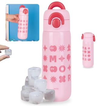 Kit Garrafa Trmica 480ml em Inox Rosa Ala e Canudo Silicone + 10 Cubos Gelo Reutilizvel Artificial