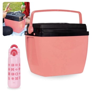 Kit Garrafa Trmica 480ml Rosa Inox Ala e Canudo + Caixa Trmica 18 Litros Rosa