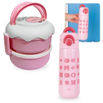 Kit Garrafa Trmica Rosa 480ml em Inox Ala e Canudo + Lancheira Infantil com Talheres 2 Andares Rosa