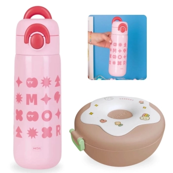 Kit Garrafa Trmica Rosa 480ml em Inox Ala e Canudo + Lancheira Infantil com Divisria Donuts Rosa