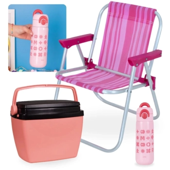Kit Garrafa Trmica 480ml em Inox Rosa + Cadeira de Praia Infantil Bel + Cooler 6 Lts Rosa Pequeno