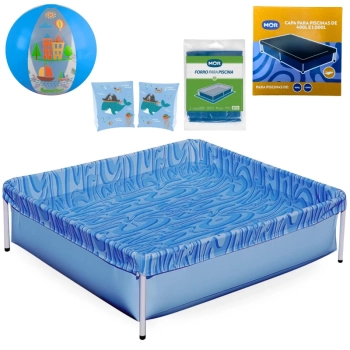 Kit Piscina Infantil 400 Litros Estrutural + Capa, Forro + Boia de Brao e Bola 40cm Azul Ilustradas