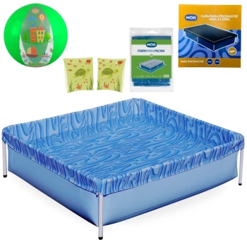 Kit Piscina Infantil 400 Litros Estrutural + Capa, Forro + Boia de Brao e Bola 40cm Verde Ilustradas