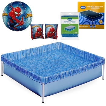 Kit Piscina Infantil 400 Litros Estrutural Mor + Capa, Forro + Boia de Brao e Bola Homem Aranha