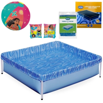 Kit Piscina Infantil 400 Litros Estrutural Mor + Capa, Forro + Boia de Brao e Bola Princesas Disney