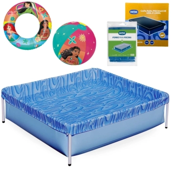 Kit Piscina Infantil 400 Litros Estrutural Mor + Capa, Forro + Boia e Bola Princesa Disney