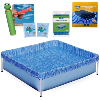 Kit Piscina Infantil 400 Litros Estrutural Mor + Capa, Forro + Boia de Brao Azul + Lana gua