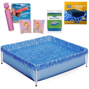 Kit Piscina Infantil 400 Litros Estrutural Mor + Capa, Forro + Boia de Brao Rosa + Lana gua