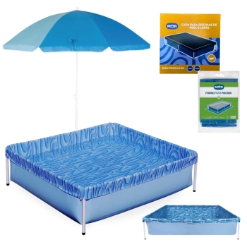 Kit Piscina Infantil 400 Litros Estrutural Mor + Capa e Forro + Guarda Sol 1,50 Mts Colorido