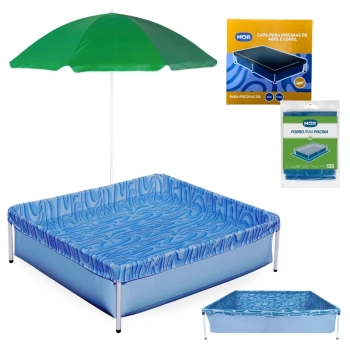 Kit Piscina Infantil 400 Litros Estrutural Mor + Capa e Forro + Guarda Sol 1,50 Mts Colorido