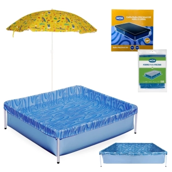 Kit Piscina Infantil 400 Litros Estrutural Mor + Capa e Forro + Guarda Sol 1,30mts Colorido