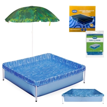 Kit Piscina Infantil 400 Litros Estrutural Mor + Capa e Forro + Guarda Sol 1,30mts Colorido