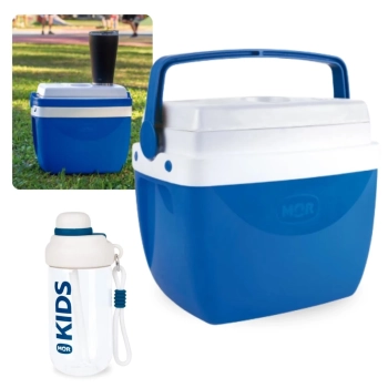 Kit Garrafa Infantil 660ml Azul Squeeze Ala e Canudo + Caixa Trmica 12 Litros Azul