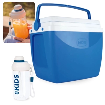Kit Garrafa Infantil 660ml Azul Squeeze Ala e Canudo + Caixa Trmica 18 Litros Azul