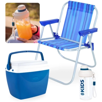 Kit Garrafa 660ml Squeeze Azul + Cadeira de Praia Infantil Bel + Cooler 6 Lts Azul Pequeno