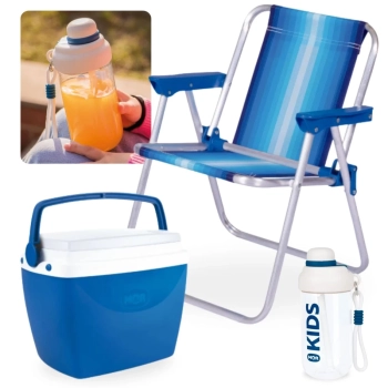 Kit Garrafa 660ml Azul Kids Squeeze + Cadeira de Praia Infantil Mor + Cooler 6 Lts Pequeno Azul