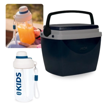 Kit Garrafa Azul 660ml Squeeze com Ala e Canudo Kids + Caixa Trmica 6 Litros Pequena Preta