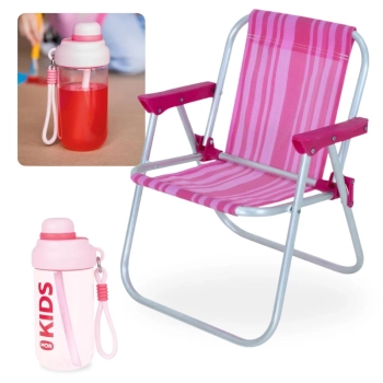 Kit Garrafa 660ml Squeeze Rosa Kids + Cadeira de Praia Infantil em Aluminio Bel