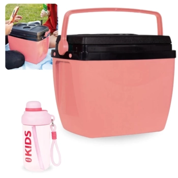 Kit Garrafa 660ml Rosa Squeeze com Ala e Canudo + Caixa Trmica 18 Litros Rosa