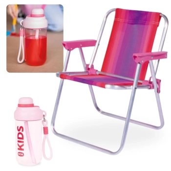 Kit Garrafa 660ml Squeeze com Ala Rosa Kids + Cadeira de Praia Infantil Rosa Mor