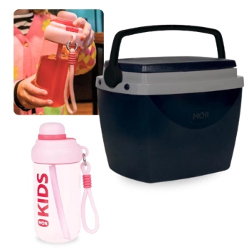 Kit Garrafa 660ml Rosa Squeeze Kids + Caixa Trmica 6 Litros Pequena Preta