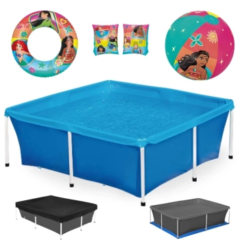 Kit Piscina Quadrada 2000 L + Capa e Forro Mor + Bola e Boias Das Princesas Disney