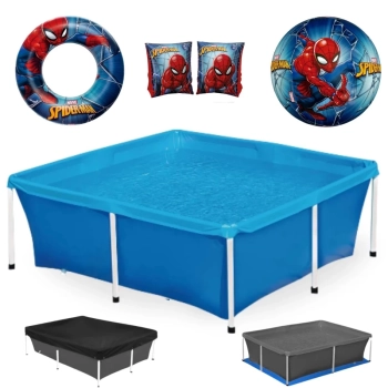 Kit Piscina Quadrada 2000 Litros + Capa e Forro Mor + Bola e Boias Homem-aranha