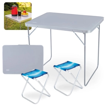 Kit Mesa Dobrvel Porttil com Ala 80 Cm + 2 Banquetas Dobraveis em Aluminio para Pesca Camping e Praia