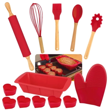 Kit Utensilios de Cozinha em Silicone e Bambu 2 Talheres + Pincel + Fouet + Rolo + Luva + 7 Formas