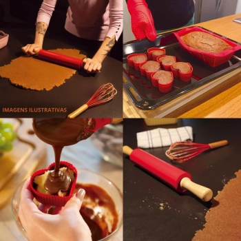 Kit Utensilios de Cozinha em Silicone e Bambu 2 Talheres + Pincel + Fouet + Rolo + Luva + 7 Formas