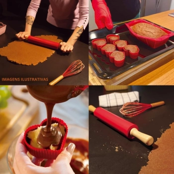 Kit Utensilios de Cozinha em Silicone e Bambu Pincel + Fouet + Rolo + Luva + Forma Bolo + 6 Formas Corao
