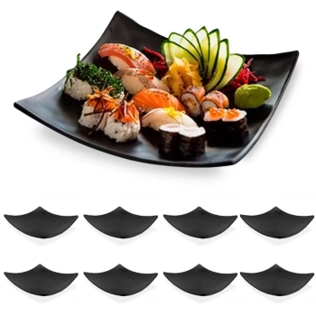 Kit 8 Pratos Quadrados Cncavo 15 Cm para Sushi em Melamina / Plstico Preto