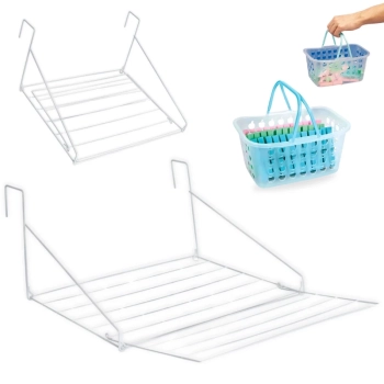 Kit Varal de Roupa de Porta Apartamento Portatil Sem Furo + Cesta Pequena com 36 Prendedores Coloridos