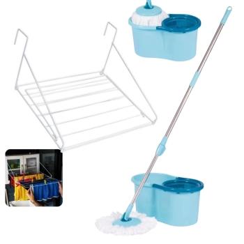 Kit Varal de Roupa de Porta Apartamento Portatil Sem Furo + Mop 13 Lts com Balde Centrifuga Limpeza Pratica