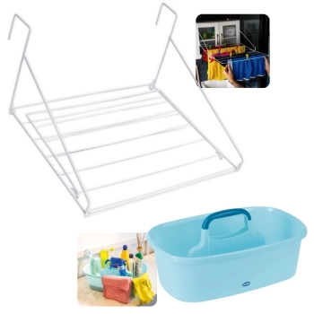 Kit Varal de Roupa de Porta Apartamento Portatil Sem Furo + Cesto Organizador Multiuso com Divisrias e Ala Mor