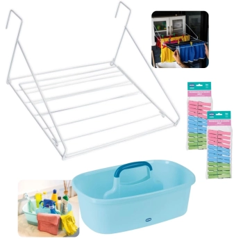 Kit Varal de Roupa para Porta Portatil Sem Furo + Cesto Organizador Multiuso com Divisrias + 24 Prendedores