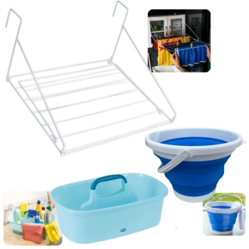 Kit Varal de Roupa para Porta Portatil Sem Furo + Cesto Organizador Multiuso + Balde Dobravel 10 Litros