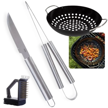 Kit para Churrasco 2 Peas Faca e Pegador Ao Inox + Panela para Grelha com Ala + Escova Limpa Grill