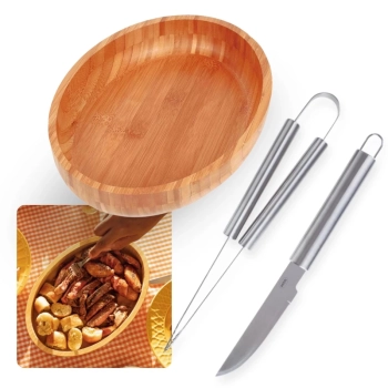 Kit para Churrasco 2 Peas Faca e Pegador em Ao Inox + Gamela Bandeja Oval em Bamboo 33cm X 23cm