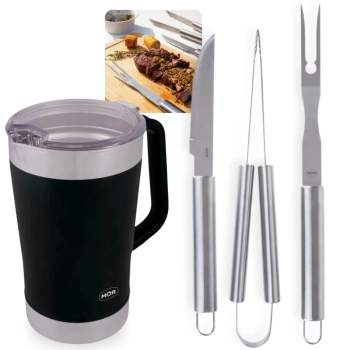 Kit para Churrasco 3 Peas Faca Garfo e Pegador Ao Inox + Jarra Trmica 1,9 Litros Preta