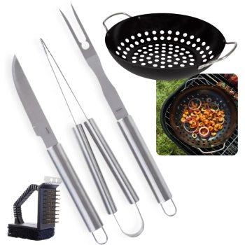 Kit para Churrasco 3 Peas Faca Garfo e Pegador Ao Inox + Panela para Grelha com Ala + Escova Limpa Grill