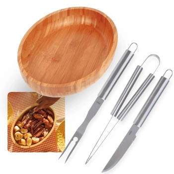 Kit para Churrasco 3 Peas Faca Garfo e Pegador Ao Inox + Gamela Bandeja Oval em Bamboo 33cm X 23cm