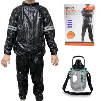 Kit Roupa Sauna Suit Treinamento Tamanho G + Garrafa Squeeze 1,8l com Trava e Alas Suporta Celular