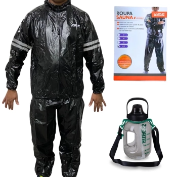 Kit Roupa Sauna Suit Treinamento Tamanho Gg + Garrafa Squeeze 1,8l com Trava e Alas Suporta Celular